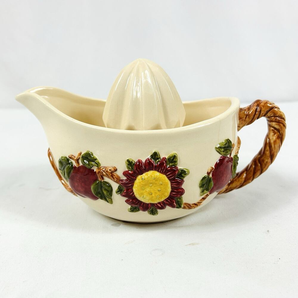 Vintage Blue Sky Large Stoneware Ceramic Juicer Apples & Flowers Oval w/ Handle